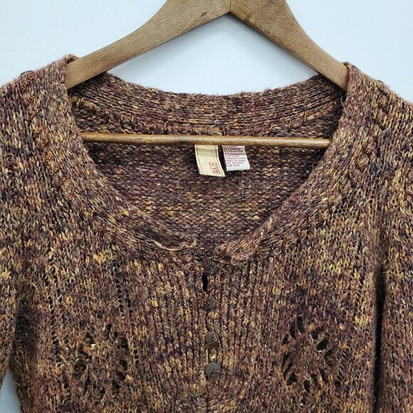 BKE Brown Marled Knit Sweater L 1/4 Button Up Long Sleeve Open Weave Boho - Picture 12 of 16